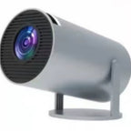 Compact white and black HY300 Pro portable projector with an adjustable stand, featuring a prominent glass lens.