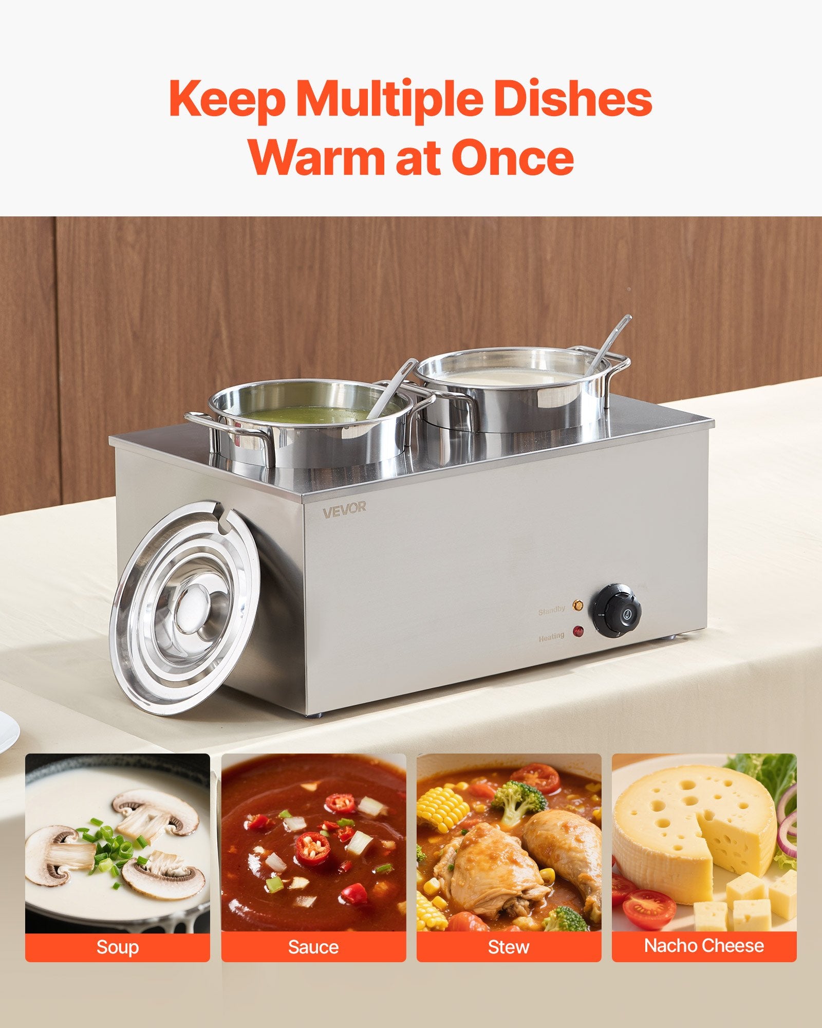 Stainless steel commercial soup warmer with two 6.34qt pots, temperature control, and soup, sauce, stew, and cheese apps.