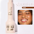 Pale pink freckle stamp pen with gold text, next to a photo of a smiling person with natural-looking faux freckles.