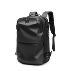 Minimalist matte black multifunctional travel backpack with padded straps, side buckles, and integrated lock features.