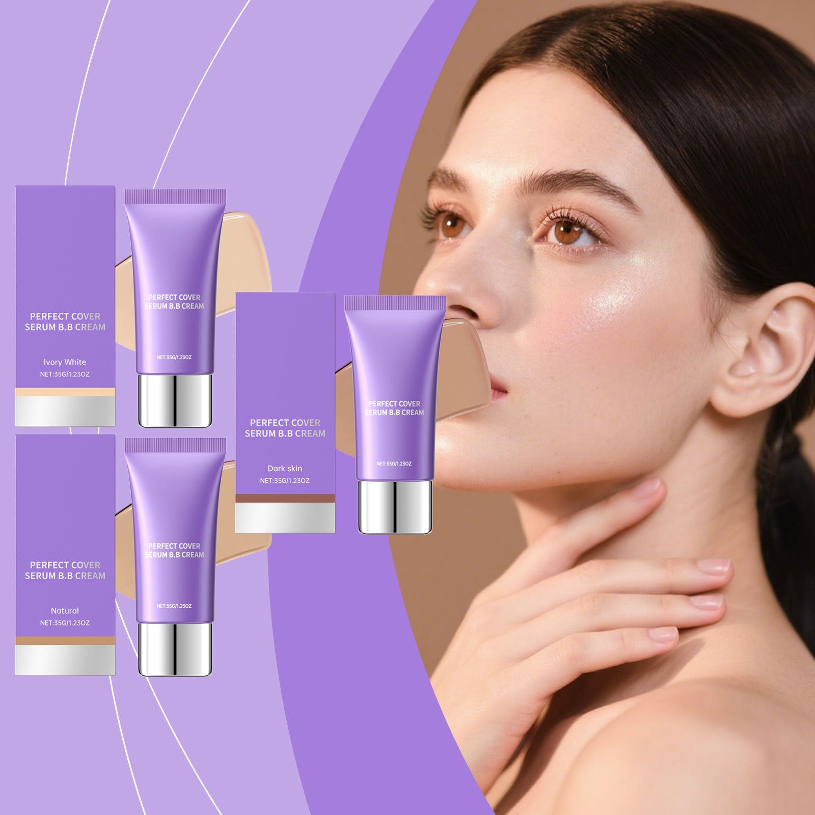 Purple tubes and boxes of Digitaldistribution375 Perfect Cover BB cream with swatches against a model’s glowing skin.