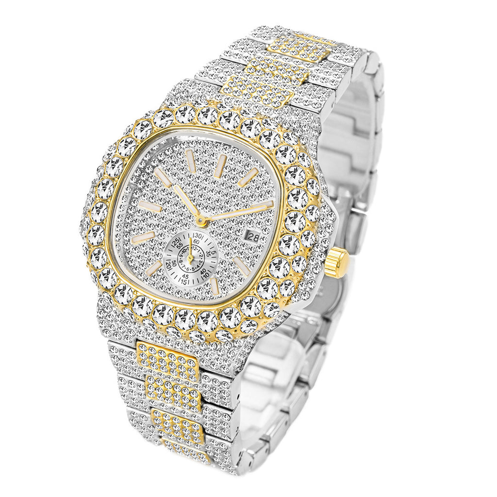 Iced-out men's quartz watch in silver and gold, featuring a crystal-paved dial, bezel, and two-tone metal link band.
