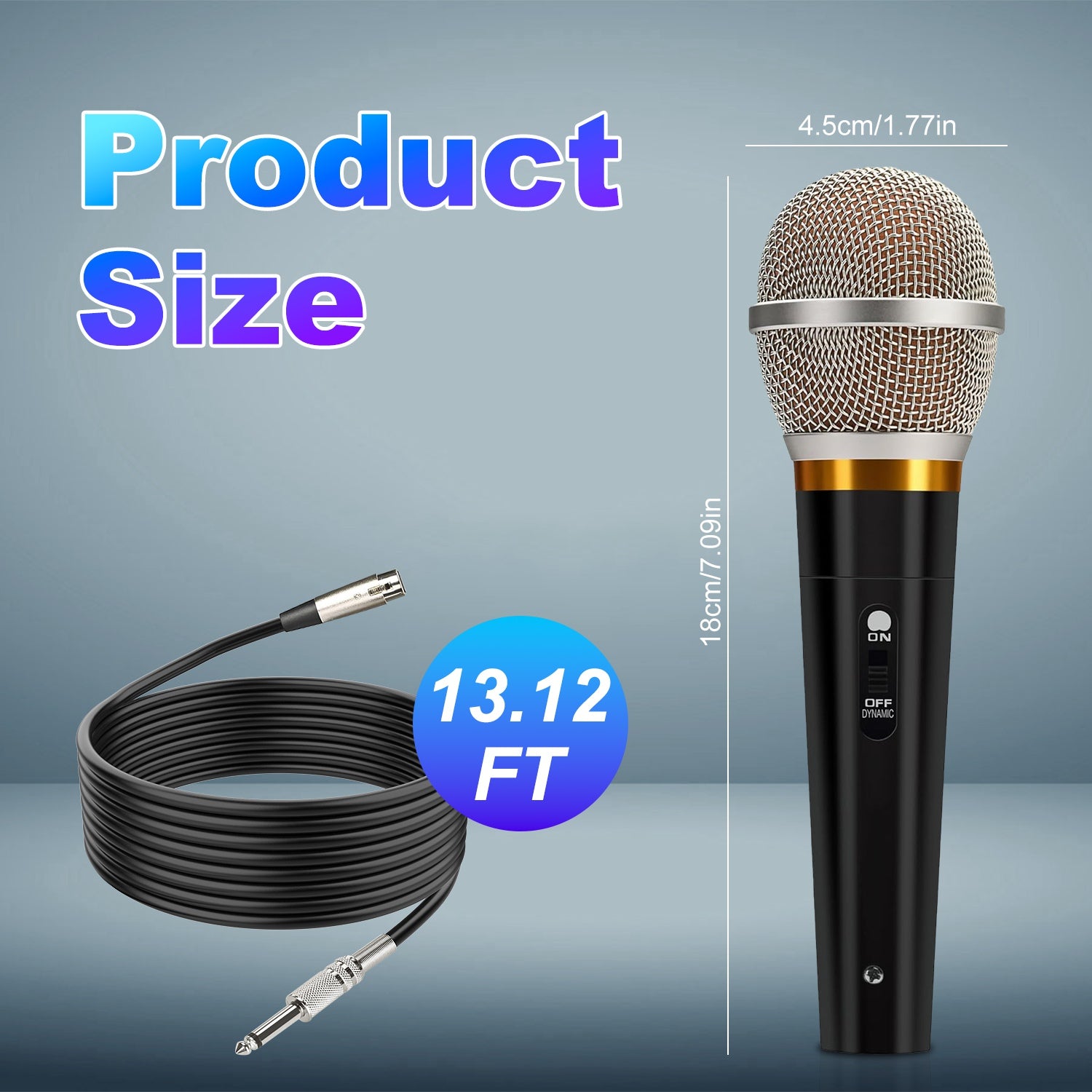 Black handheld dynamic microphone with silver mesh head, on/off switch, and a 13ft detachable XLR-to-jack cable.