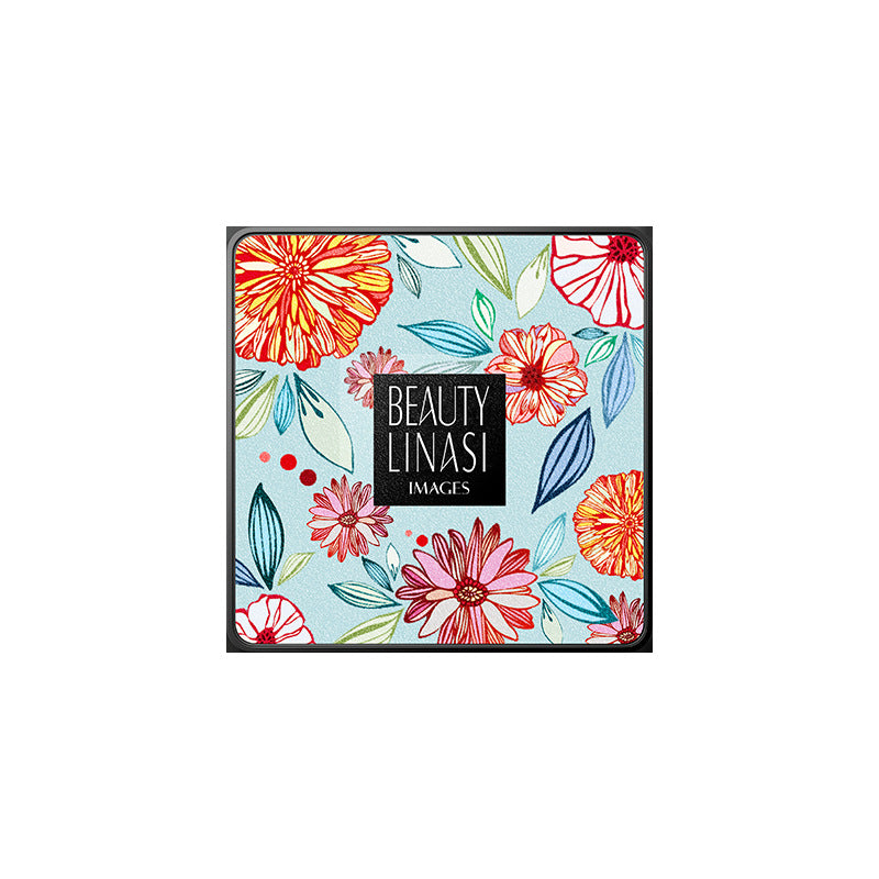 Square air cushion foundation case with a light blue floral pattern and Beauty Linasi logo centered in black.