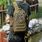 Olive green multi-layer tactical fishing backpack with MOLLE webbing, water bottle pocket, and adjustable shoulder strap.