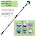 Retractable electric cleaning brush with light blue handle, metal extension rod, and six interchangeable cleaning heads.
