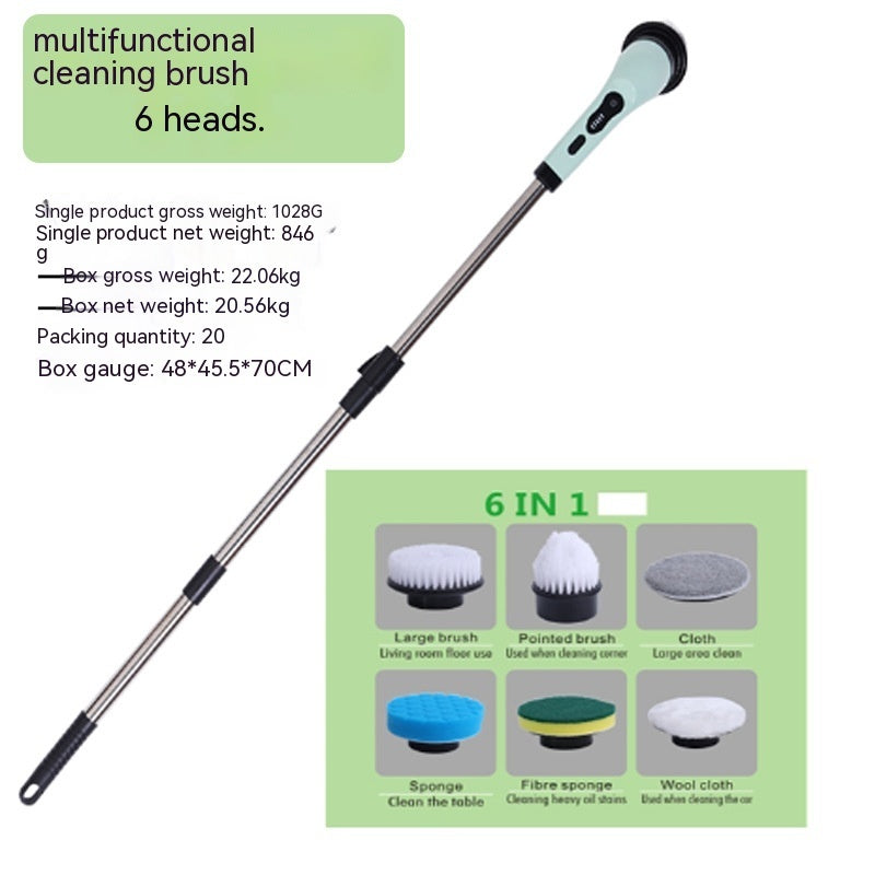 Retractable electric cleaning brush with light blue handle, metal extension rod, and six interchangeable cleaning heads.