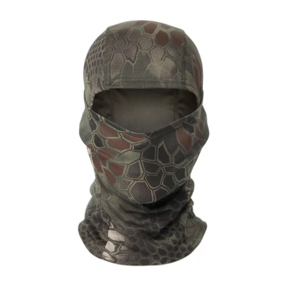 Tactical full-face balaclava in brown and green scale camouflage pattern, featuring breathable, lightweight mesh fabric.