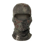 Tactical full-face balaclava in brown and green scale camouflage pattern, featuring breathable, lightweight mesh fabric.