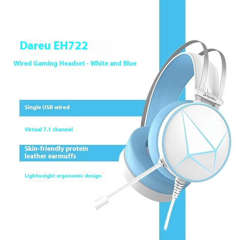 White and blue Dareu EH722 wired gaming headset with protein leather earmuffs, USB connection, and microphone.