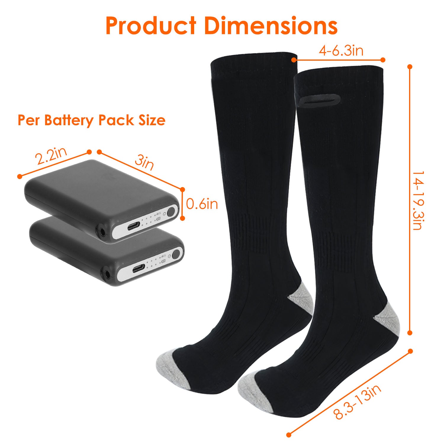 Pair of black heated socks with grey toes and heels, shown with two rechargeable battery packs and dimension labels.