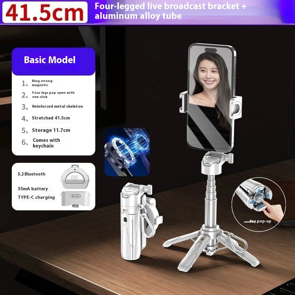 White, extendable 41.5cm magnetic selfie tripod stand with Bluetooth remote, metal alloy body, and folding legs.
