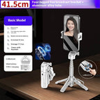 White, extendable 41.5cm magnetic selfie tripod stand with Bluetooth remote, metal alloy body, and folding legs.