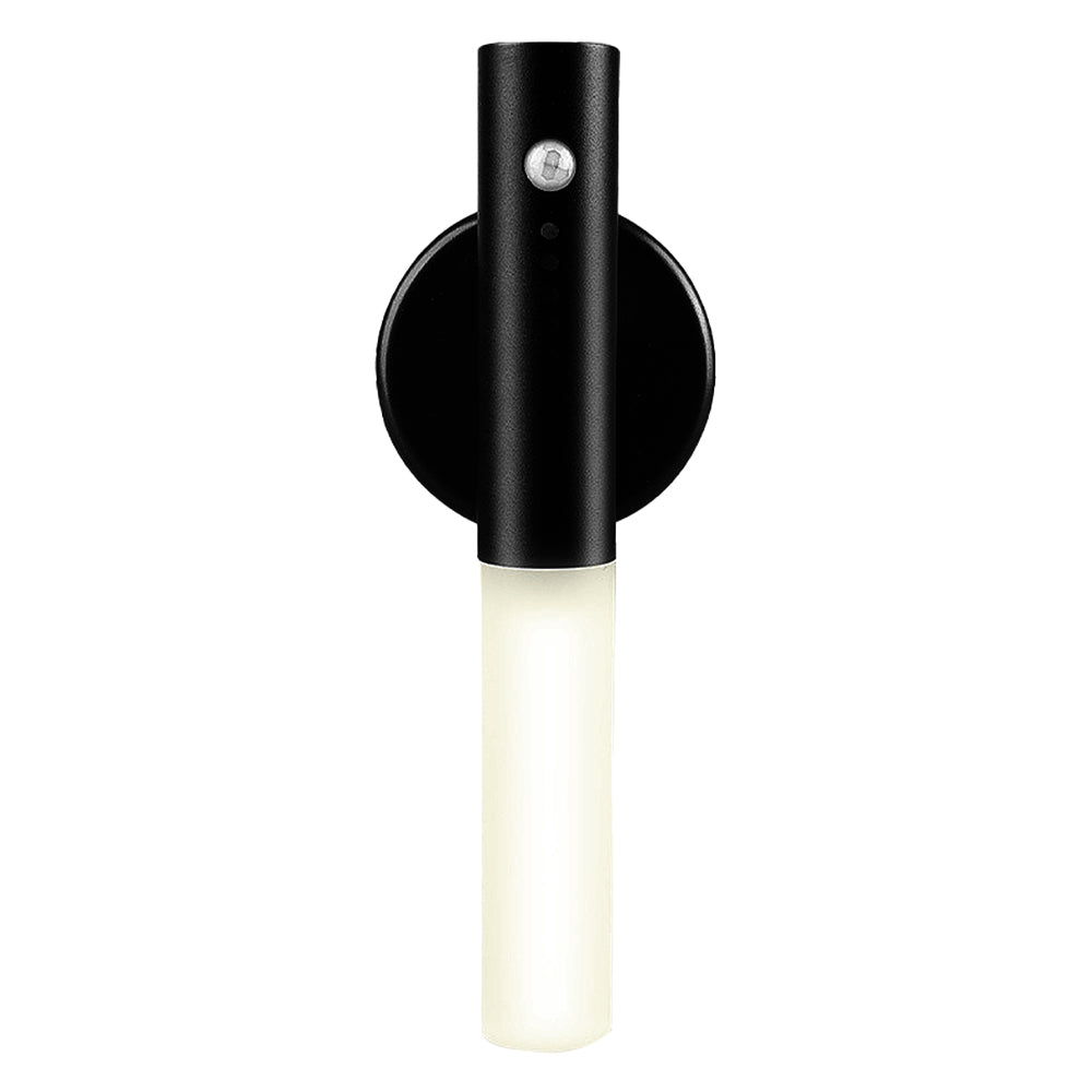 Black magnetic wall light with PIR motion sensor and vertical cylindrical frosted LED light bar.