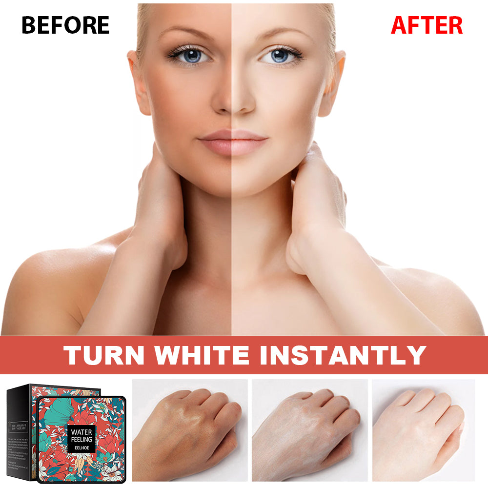 Before and after comparison of EELHOE BB cream on skin, showing whitening effect and floral patterned compact case.