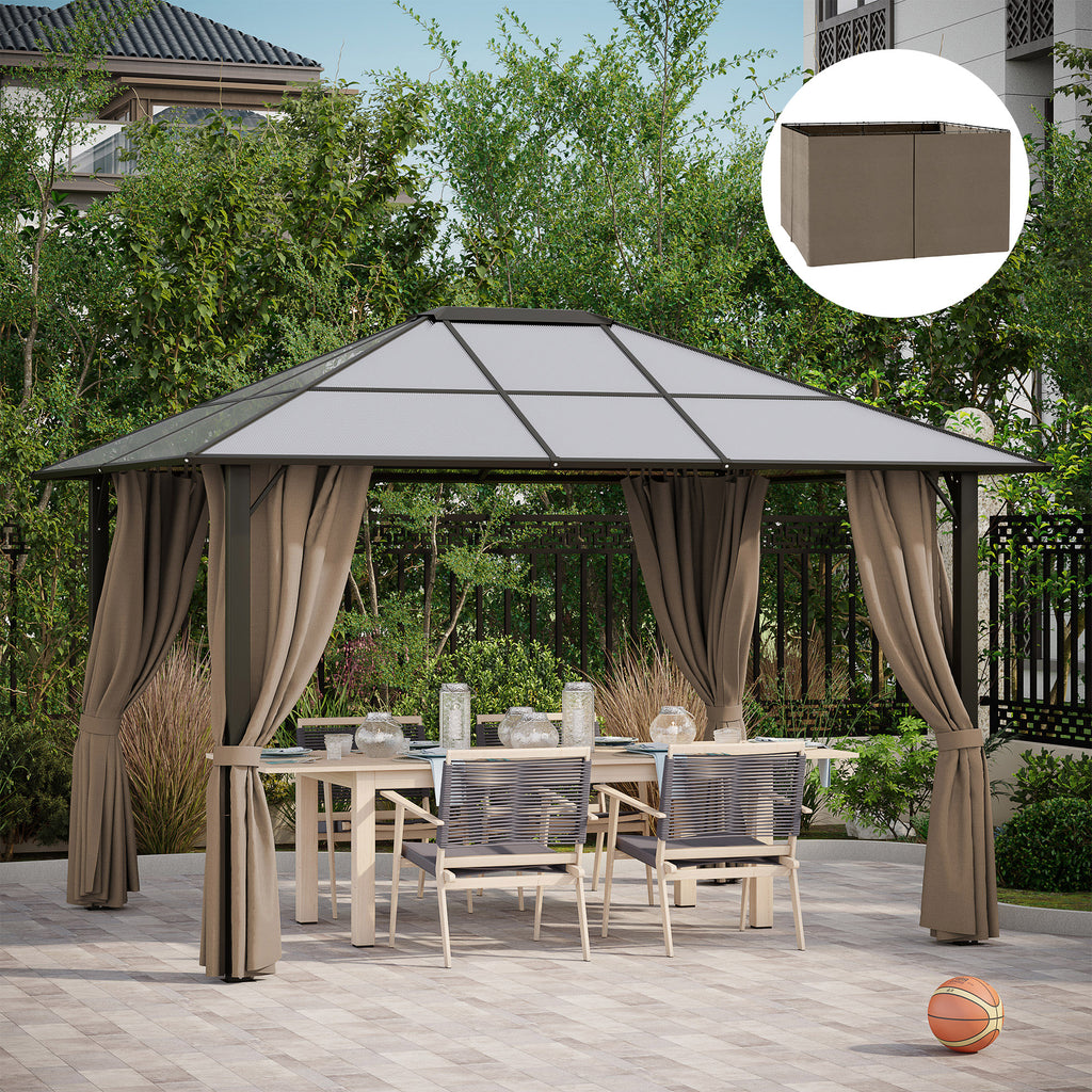 Brown fabric gazebo sidewalls (9.84' x 11.8') with hooks, shown on a patio gazebo with outdoor dining set.