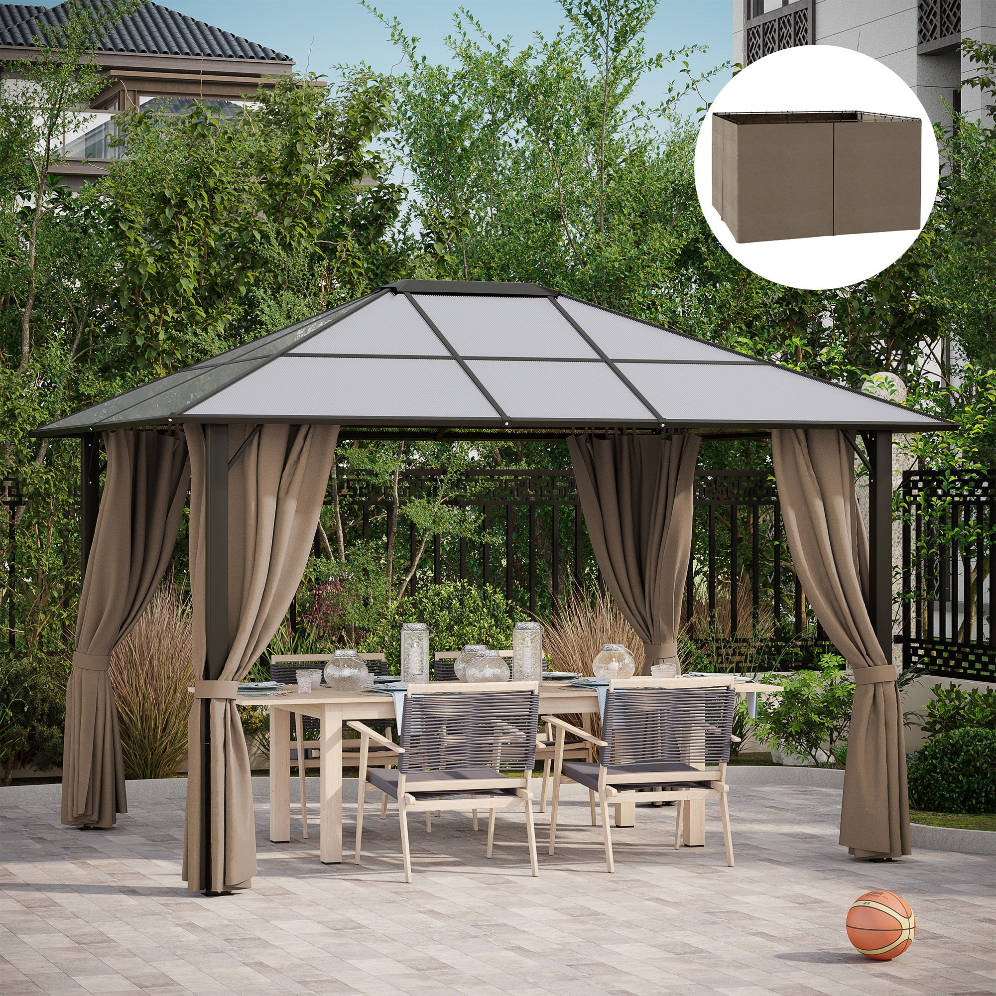 Brown fabric gazebo sidewalls (9.84' x 11.8') with hooks, shown on a patio gazebo with outdoor dining set.