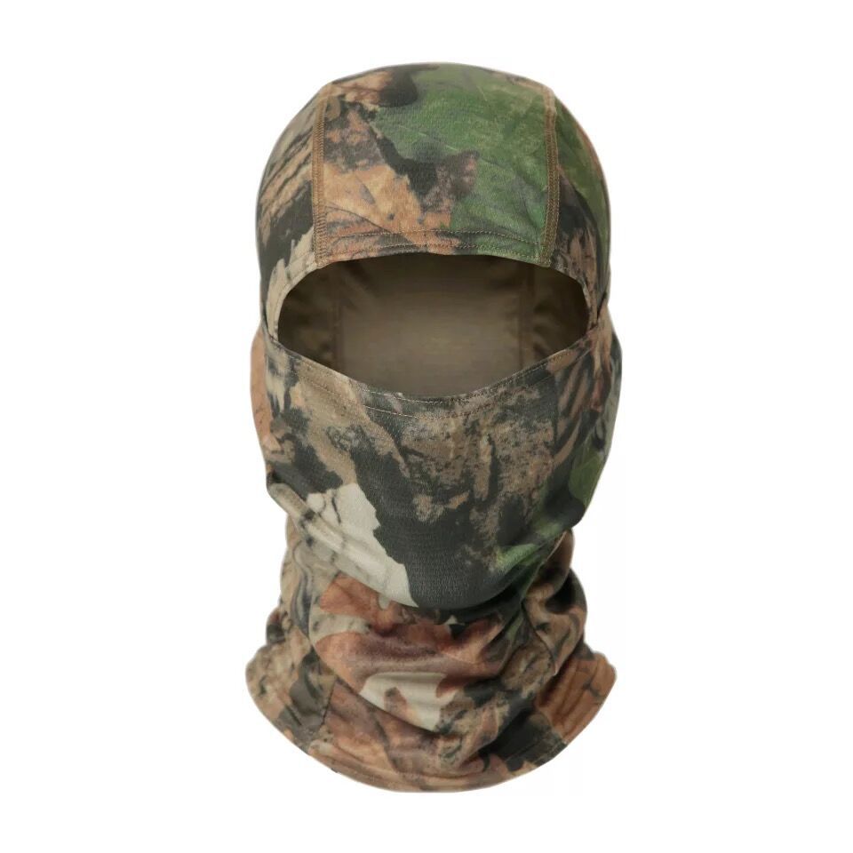Tactical camouflage balaclava with a woodland forest print in green and brown, featuring an open-face design.