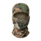 Tactical camouflage balaclava with a woodland forest print in green and brown, featuring an open-face design.