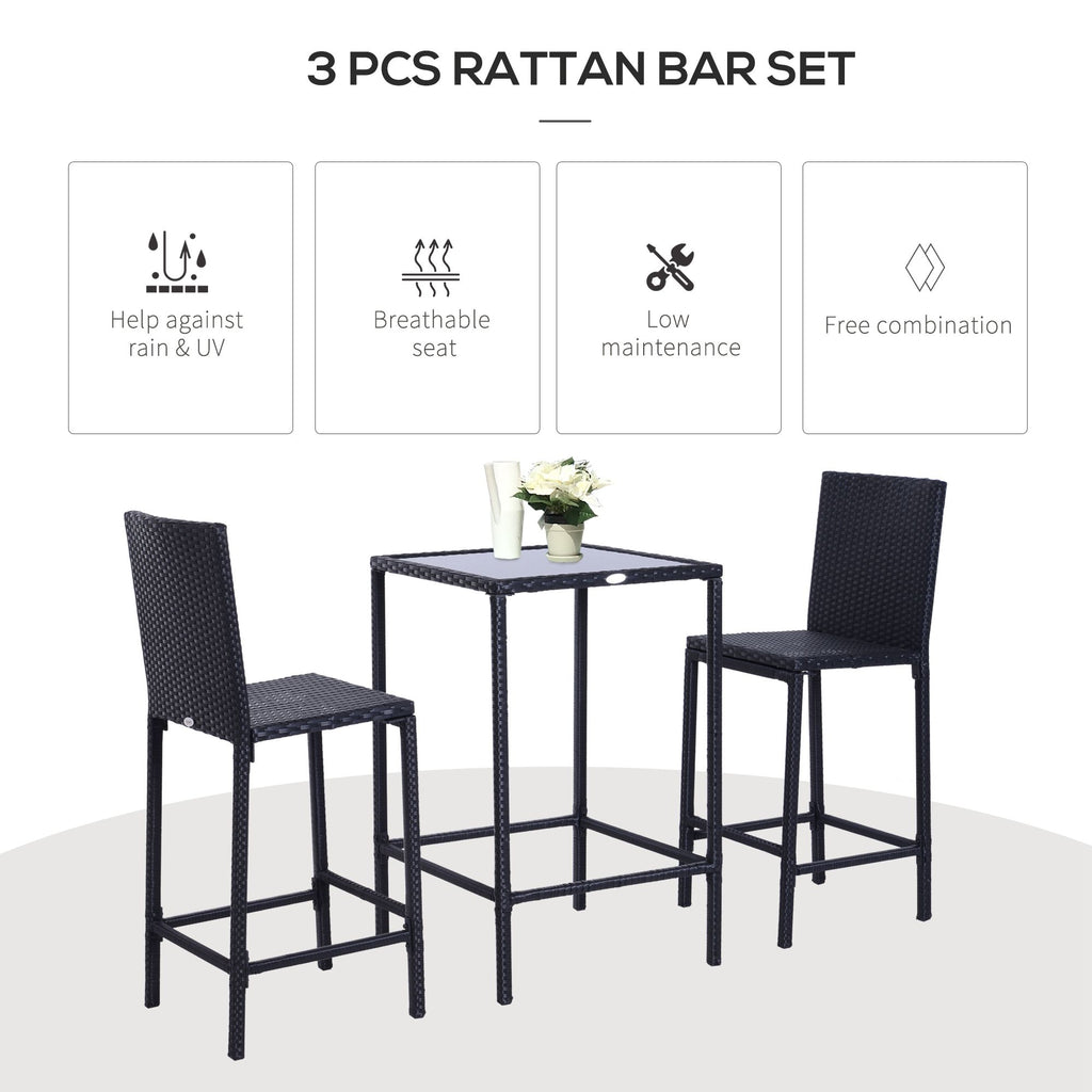 Black 3-piece outdoor rattan bar set featuring a square glass-top table and two bar stools with backrests.