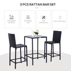 Black 3-piece outdoor rattan bar set featuring a square glass-top table and two bar stools with backrests.