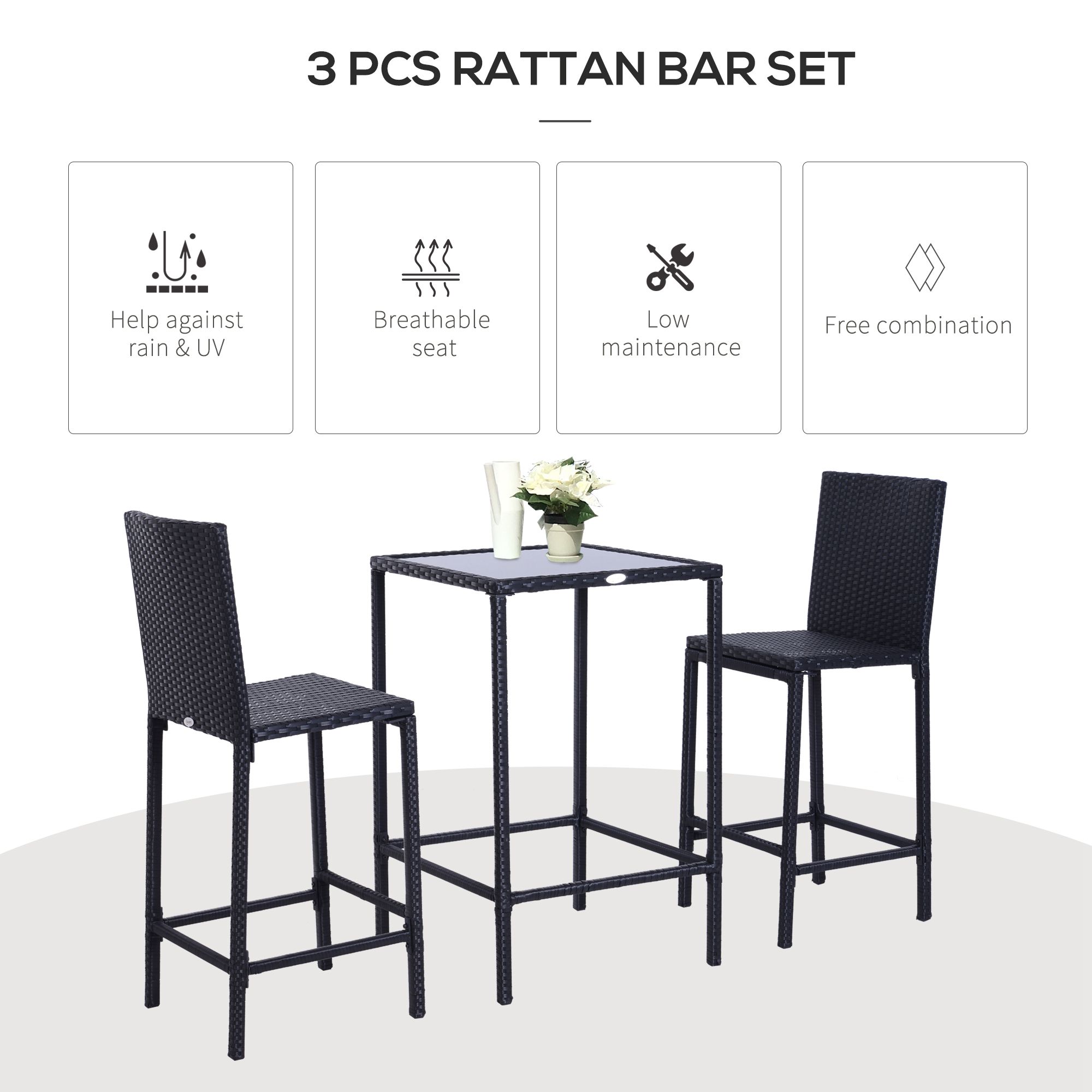 Black 3-piece outdoor rattan bar set featuring a square glass-top table and two bar stools with backrests.