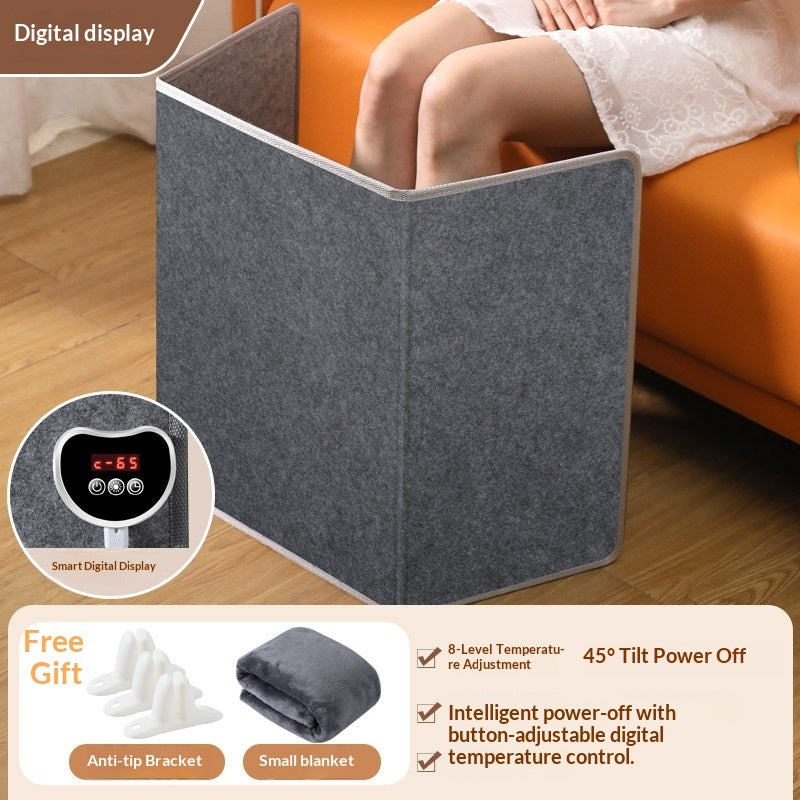 Gray felt electric foot warmer with digital temperature control, tilt-off safety, and included blanket and bracket.