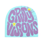 Light blue knit beanie with large purple "GROOVY VISIONS" text and yellow star accents in a hip-hop street style.