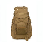 Tan tactical hiking backpack with top flap, compression straps, and front mesh zip pocket on a white background.