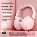 Light pink wireless over-ear Bluetooth headphones with memory foam cushions and a foldable, rotatable design.