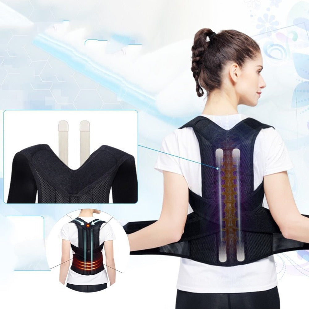 A woman wearing a black, mesh spine-correcting brace featuring built-in vertical support bars for posture alignment.