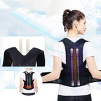 A woman wearing a black, mesh spine-correcting brace featuring built-in vertical support bars for posture alignment.