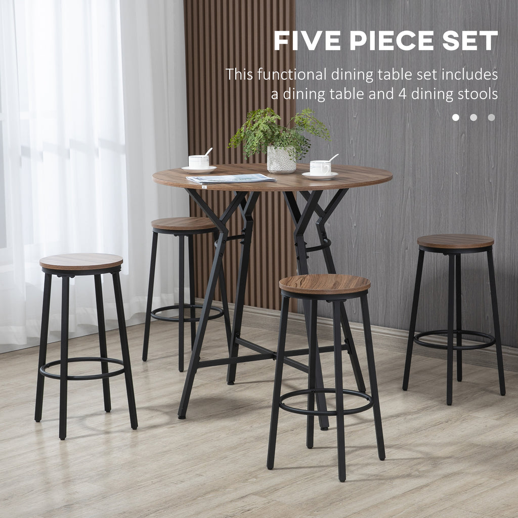 5-piece bar set with round walnut-finish wood tops and black metal frames, featuring a tall table and four stools.
