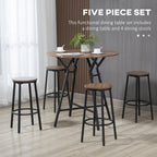 5-piece bar set with round walnut-finish wood tops and black metal frames, featuring a tall table and four stools.