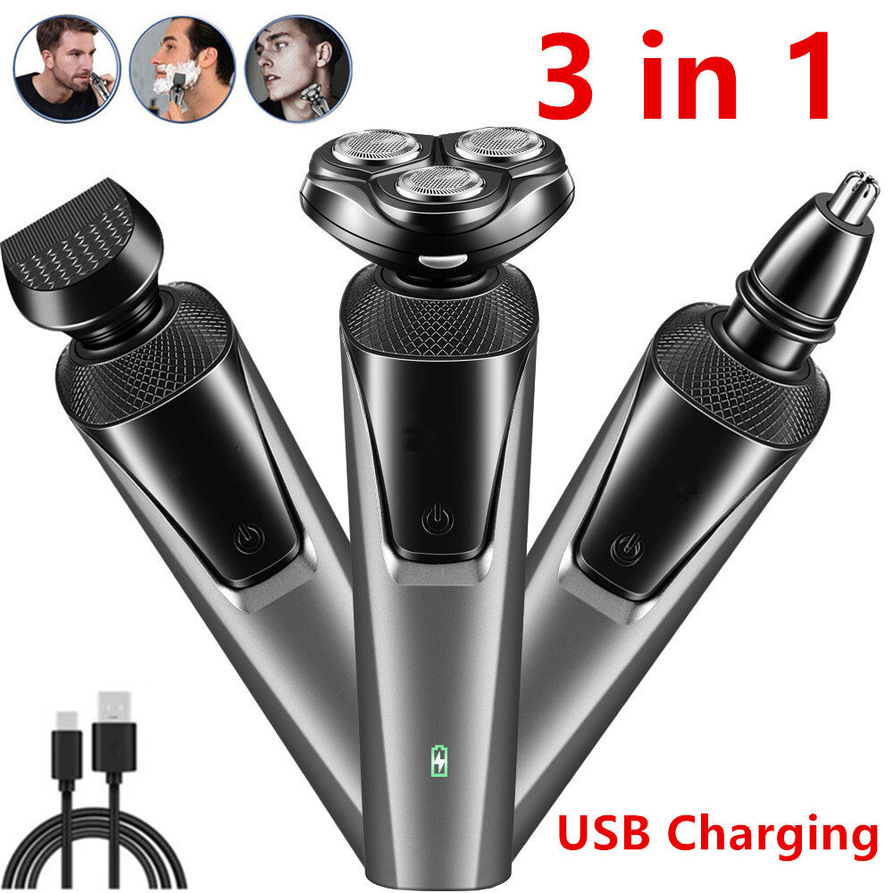 3-in-1 black electric shaver with rotary, trimmer, and nose hair attachments, USB cord, and battery indicator display.