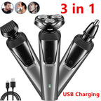 3-in-1 black electric shaver with rotary, trimmer, and nose hair attachments, USB cord, and battery indicator display.