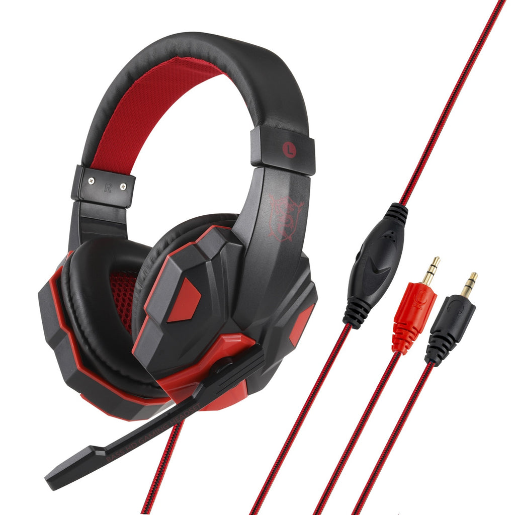 Digitaldistribution375 black and red over-ear gaming headset with microphone, padded headband, and braided cables.