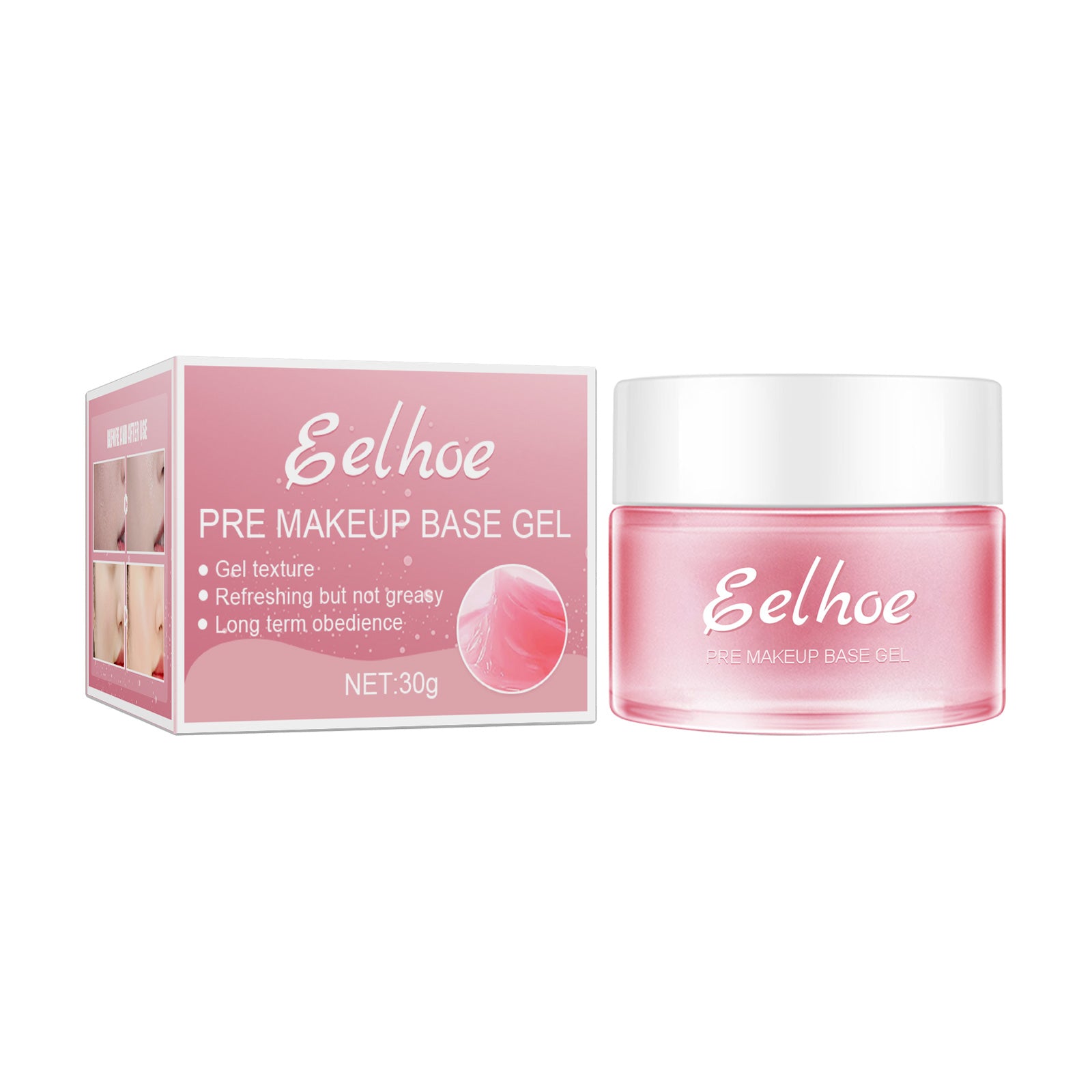 Eelhoe pink makeup base gel in a 30g jar with box featuring text, images, and white text branding.