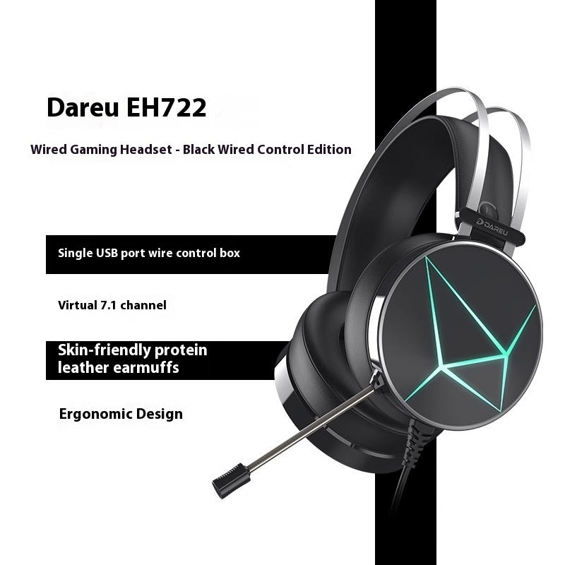 Black Dareu EH722 wired gaming headset with leather earmuffs, silver metal frame, and glowing teal geometric design.