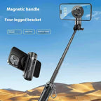 Black 4-in-1 magnetic selfie stick and desktop tripod stand featuring a phone mount and Bluetooth remote controller.