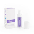 V34 purple teeth whitening toothpaste in a pump bottle next to its white and purple box with usage instructions.