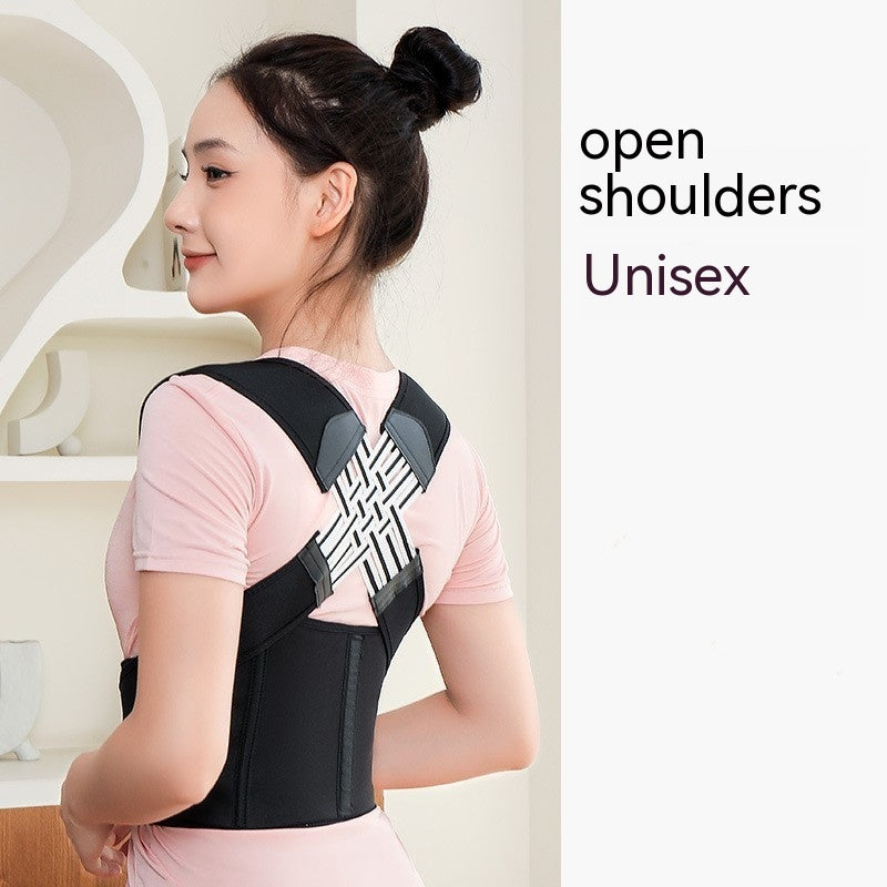 Woman wearing a black posture corrector brace over a pink shirt, featuring an X-shaped back support design.