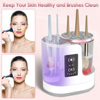 White and purple 4-in-1 electric makeup brush cleaner with digital display, drying vent, and UV disinfection.