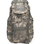 60L digital camouflage camping backpack with nylon fabric, adjustable straps, and a front zippered mesh pocket.