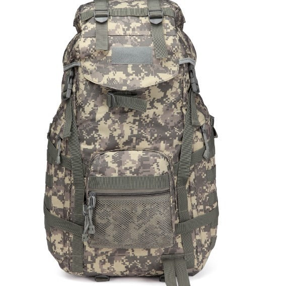 60L digital camouflage camping backpack with nylon fabric, adjustable straps, and a front zippered mesh pocket.