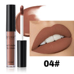 Julystar matte lip cream in shade 04, a brown-nude liquid lipstick with applicator and a swatch on lips.