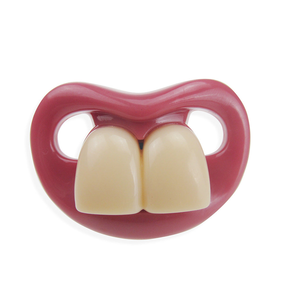 Funny Digitaldistribution375 pacifier with a pink plastic base and oversized, off-white toy front teeth.