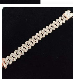 Rose gold hip hop chain, fully paved with sparkling white zircon stones in a classic thick Cuban link design.