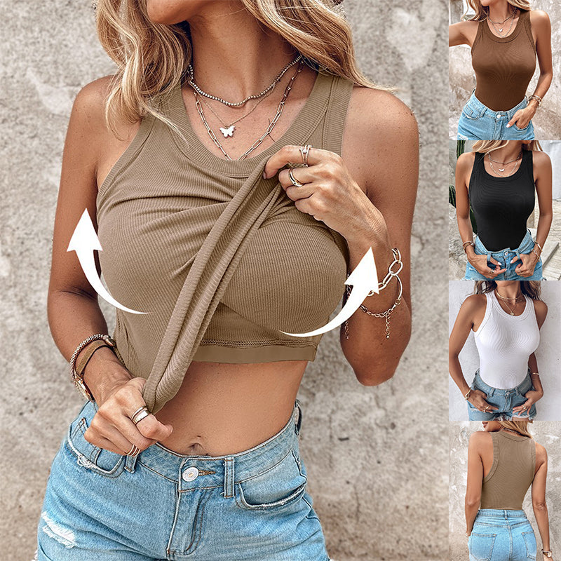 Ribbed, round-neck sleeveless top with built-in shelf bra, shown in multiple solid colors, styled with denim jeans.