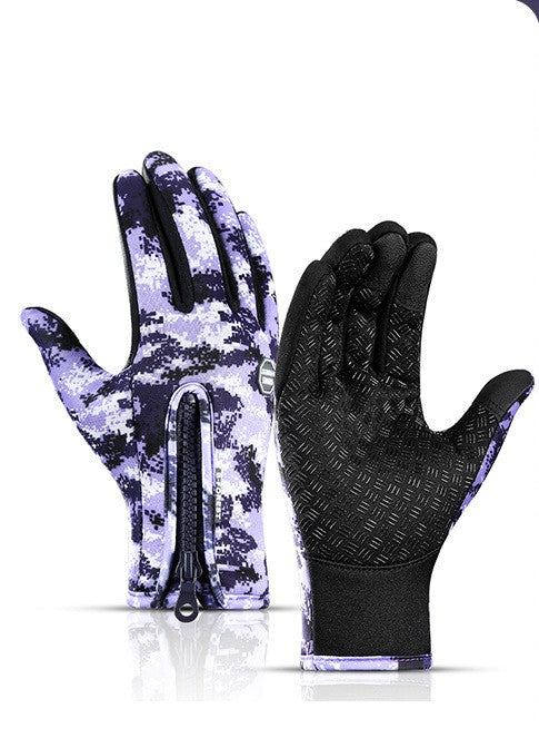 Purple camo winter gloves with a zippered back, black textured grip palms, and touchscreen-compatible fingertips.